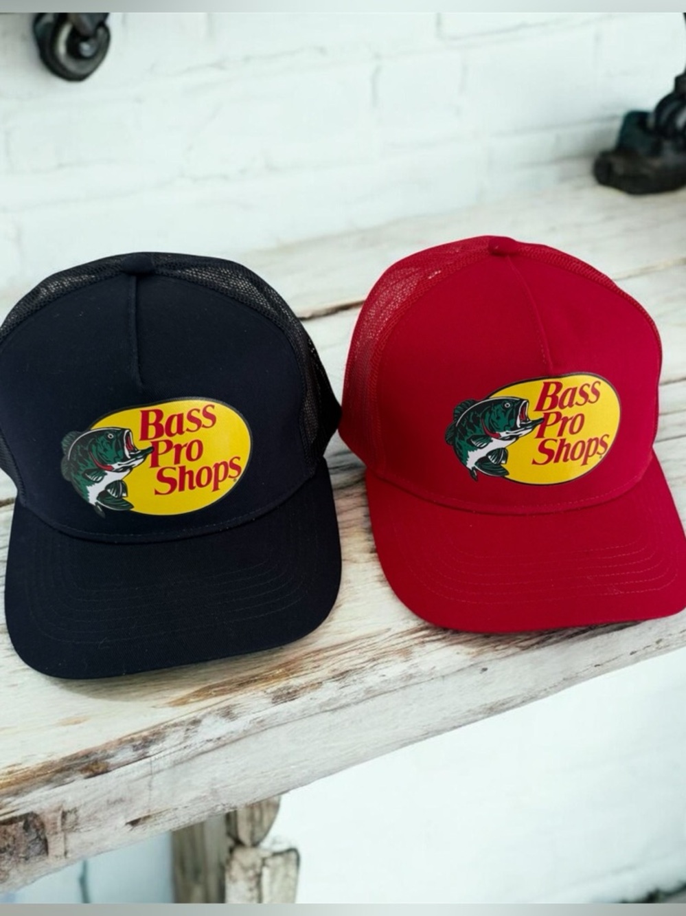 Bass Pro Shops Red and Black Logo Mesh Trucker Hats Set of 2